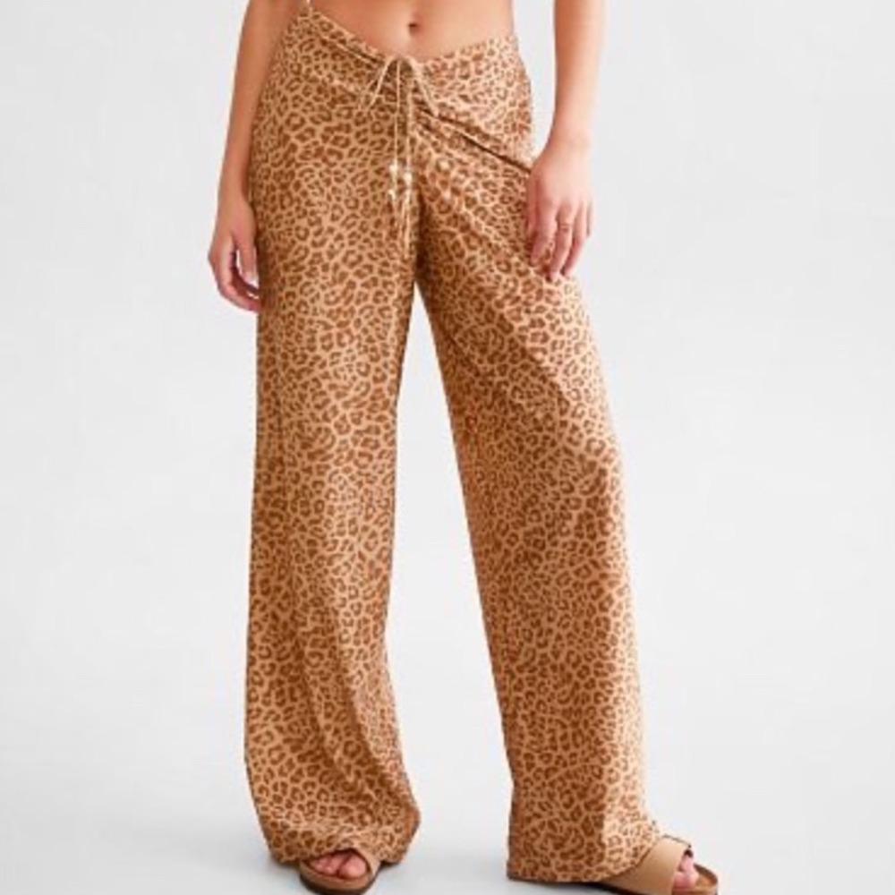 P2F Sierra Wide Leg Beach Pant Glittery Leopard Print Ruched Front‎ Festival M